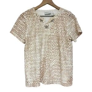 Alfred Dunner Short Sleeve Embellished Top Womens Petite Size 10 Tan Woven
